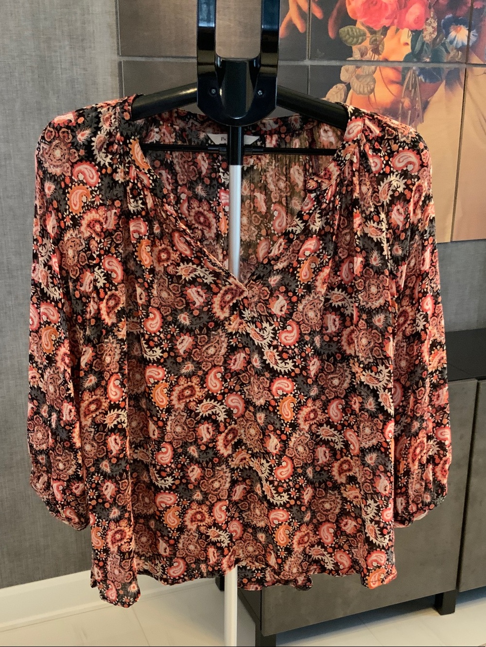 Part Two Boho Paisley V-Neck Blouse in Coral and Black 46